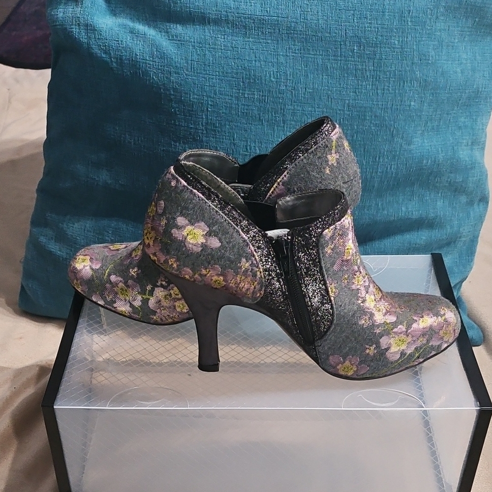 Gray Floral Ankle Booties with Side Zip